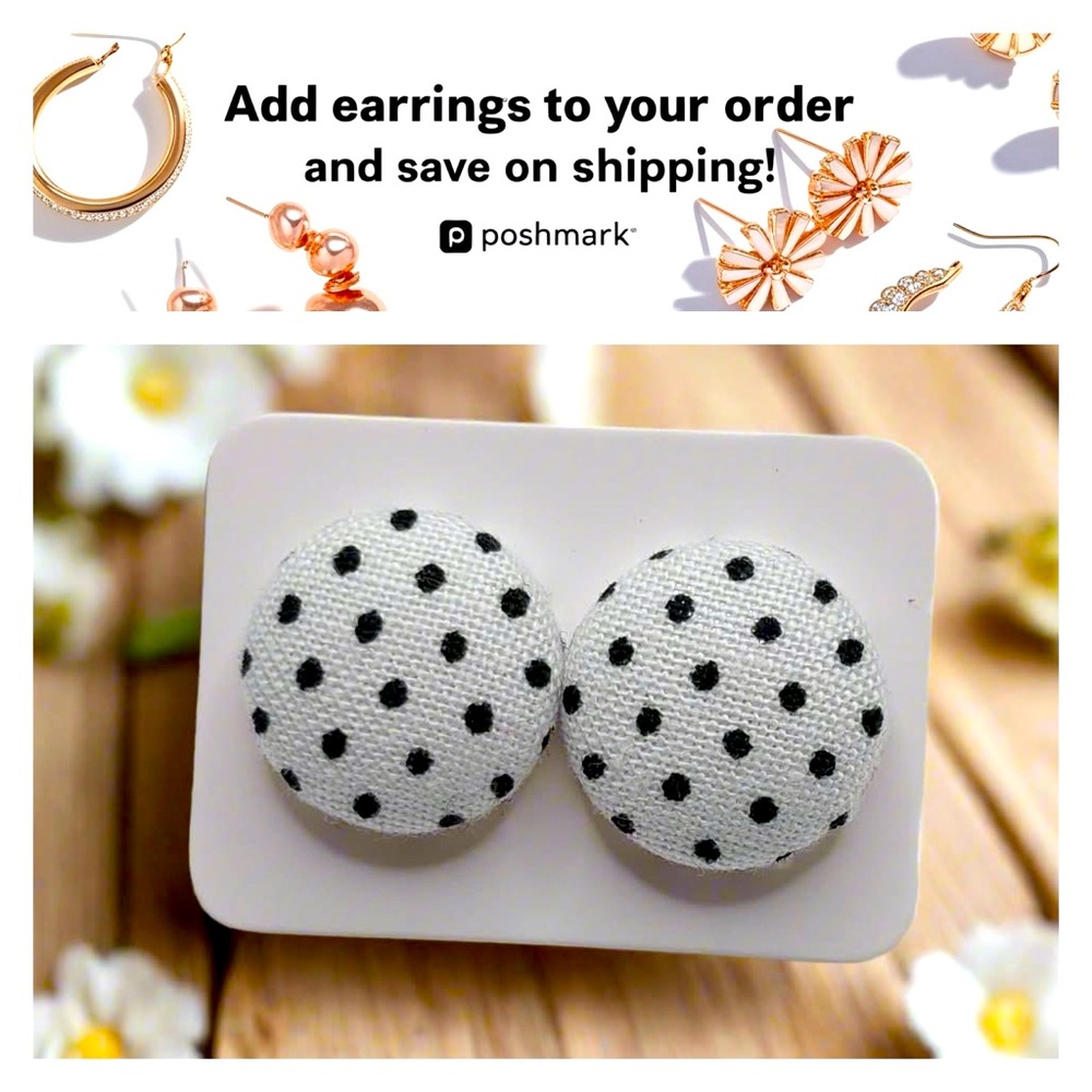 Stud‎ Earrings, Round, White Fabric Black Polka Dots